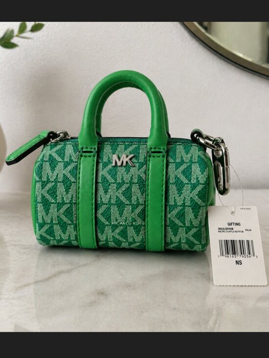 Michael Kors Handbags - Michael Kors Green Jacquard Micro Duffle Bag Charm Keychain NWT Logo Mini Pouch